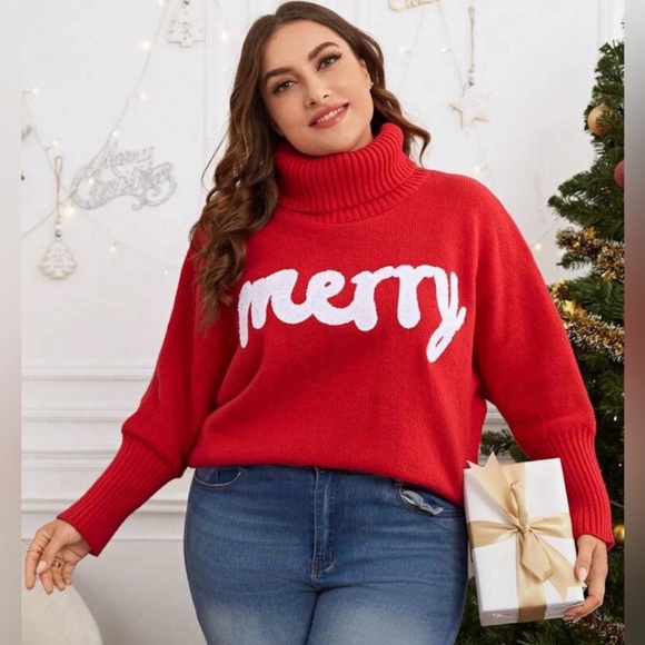 New Red Merry Christmas Holiday Sweater Turtleneck Dolman Long Sleeves White NWT - Picture 10 of 16